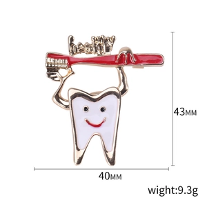 Creative smile tooth brooch with red healthy toothbrush in gold alloy enamel