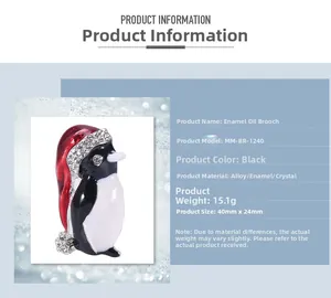 Detailed view of penguin brooch with red enamel Christmas hat and sparkling rhinestones