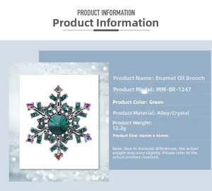 Detail specifications of snowflake brooch with green rhinestones and 46mm size display