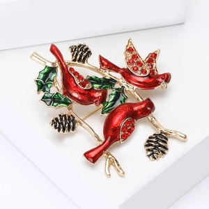 Spilla vintage con uccelli cardinali rossi su ramo in lega con strass e smalto