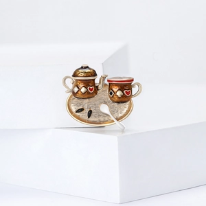 Creative alloy enamel tea set brooch with teapot and cup featuring card suit patterns