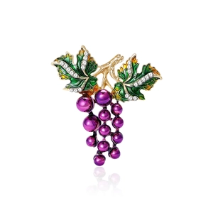 Elegante Spilla a Forma di Uva per Donna in Lega Dorata Con Foglie di Smalto Verde e Strass Luccicanti Gioielli di Moda Regalo