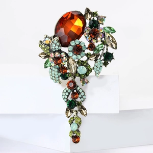 Große Vintage Kristall-Brosche mit ovalem orangefarbenem Edelstein und bunten Strasssteinen