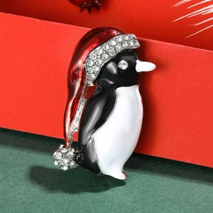 Cute Christmas penguin brooch with red crystal hat and black drip oil enamel finish