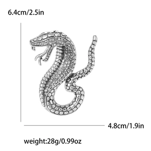 Detailed size specifications for silver cobra snake brooch with clear rhinestones