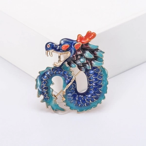 Chinese dragon brooch in blue enamel with gold finish for men suit accessories