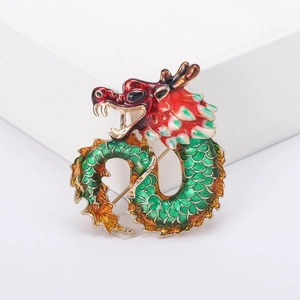 Exquisite Chinese style enamel dragon brooch with red head and green scales on white base