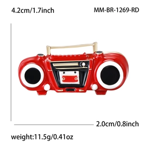 Vintage red radio brooch pin in alloy with measurements and weight specifications