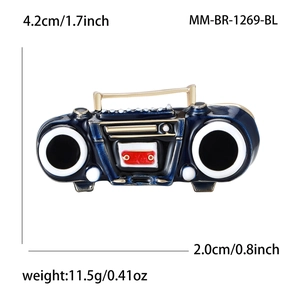 Retro radio brooch pin with navy blue enamel and gold handle 4.2cm in length
