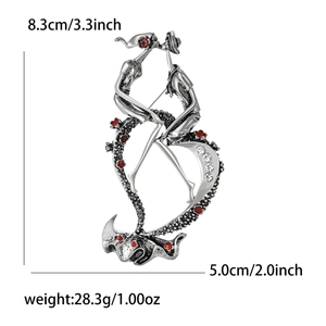 Vintage silver couple embrace brooch with red enamel flowers and crystal accents
