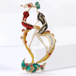 Artistic alloy enamel brooch featuring an abstract dancing couple with sparkling crystals