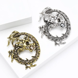 Broche dragon vintage en émail doré et argenté avec strass et perles élégantes
