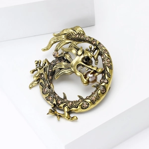 Détails de la broche dragon rétro avec cristaux marron et perle d'imitation
