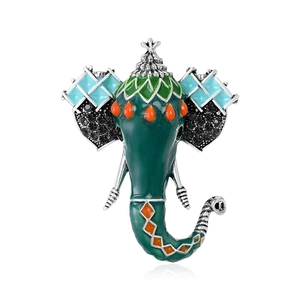 Bohemian style vintage elephant head brooch with colorful enamel and black rhinestones
