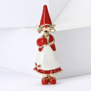 Spilla natalizia creativa in smalto con cappello rosso e cuore in lega dorata