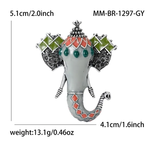 Bohemian style elephant head brooch in grey enamel with rhinestones and dimensions