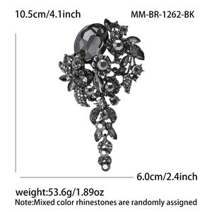 Vintage large crystal glass brooch with dark grey rhinestones in floral tassel design