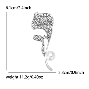 Funkelnde Kristall-Orchideen-Brosche mit weißer Perle in poliertem Silber-Finish