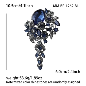 Vintage style large crystal flower brooch with fringe tassels and size measurements