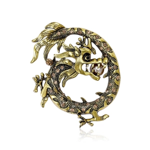 Broche Dragon Chinois en Alliage Vintage pour Homme Femme Or Argent Antique avec Strass et Perle Artificielle Bijoux de Mode