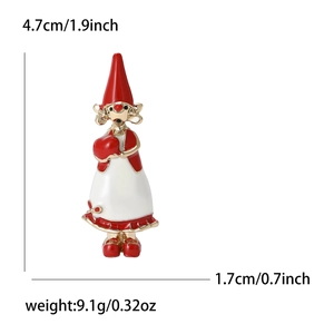 Spilla ragazza smaltata stile natalizio rosso e bianco con dimensioni 4,7cm per 1,7cm