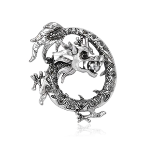 Broche dragon rétro en argent avec cristaux noirs et accent de perle métallique