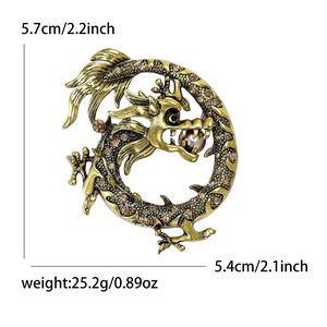 Broche dragon chinois en or vintage avec strass bruns et perle pour costumes