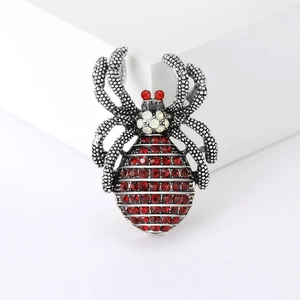 Vintage punk spider brooch with red rhinestones and silver metal for men's suit
