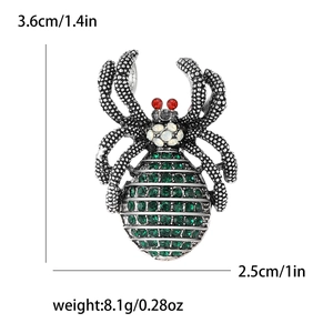 Punk style spider brooch with green rhinestones and silver alloy metal for men
