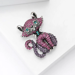 Retro cat brooch with purple rhinestones on antique silver metal finish for clothes