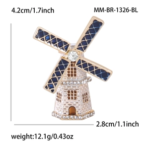 Detail view of the enamel windmill brooch with dimensions 4.2cm by 2.8cm and weight info