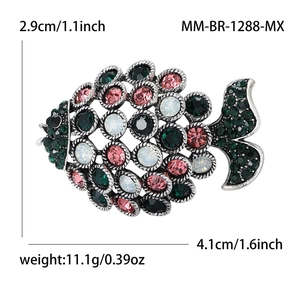 Hollow fish brooch with vintage silver base and colorful rhinestones, 4.1x2.9cm size