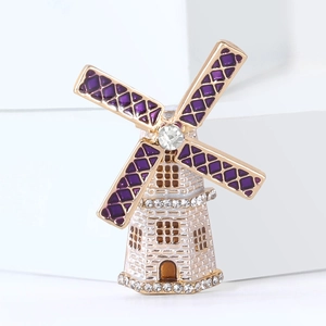 Dutch windmill brooch with purple enamel and sparkling crystals in gold plating