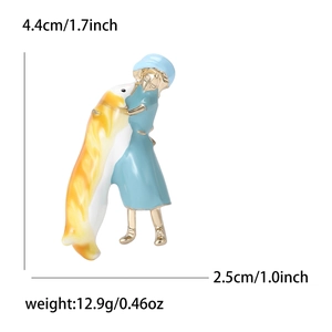 Lindo broche de esmalte de una niña con vestido azul abrazando un gato de 4,4 cm