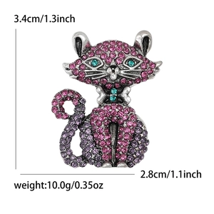 Purple cat brooch pin in retro silver alloy with rhinestones and size dimensions