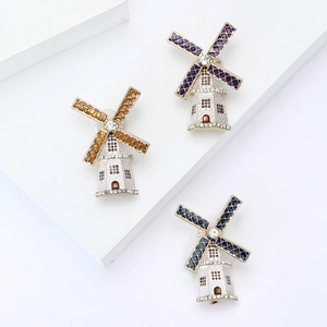 Vintage Enamel Windmill Brooch With Rhinestones Alloy Crystal Lighthouse Pin For Women Fashion Clothes Accessories Gift