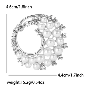 Elegant silver pearl wreath brooch with rhinestones for women's suits and sweaters
