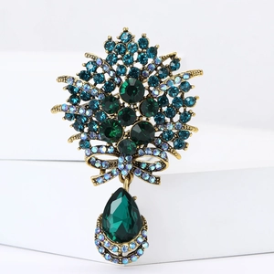 Broche bouquet vintage en cristal doré avec pendentif goutte verte pour robes élégantes