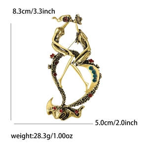 Vintage alloy enamel lovers brooch with colorful gemstones and red flower details