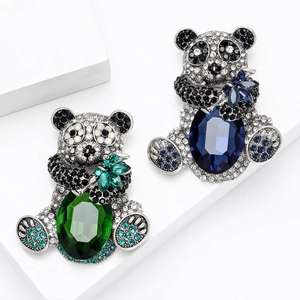Luxury Alloy Panda Brooch For Women With Large Oval Gemstone Rhinestone Embellished Animal Jewelry Gift Accessories