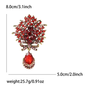 Broche bouquet or vintage avec cristaux rouges et pendentif goutte, taille 8,0 cm x 5,0 cm