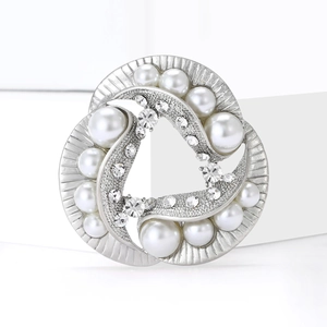 Silver round pearl brooch with sparkling rhinestones and radial patterns for women
