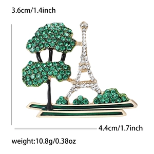 Eiffel Tower and green pine tree brooch with sparkling rhinestones and enamel finish