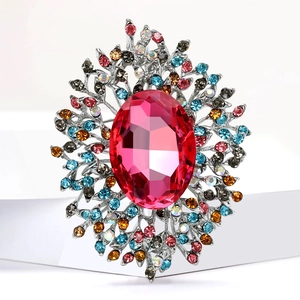 Elegant vintage alloy brooch with a large red oval crystal and multicolored rhinestones