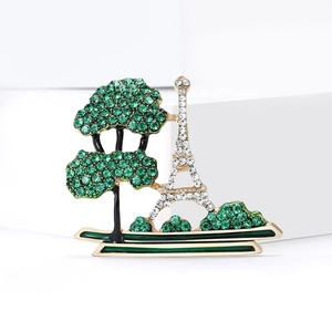 Golden Eiffel Tower and green tree brooch with sparkling rhinestones for women