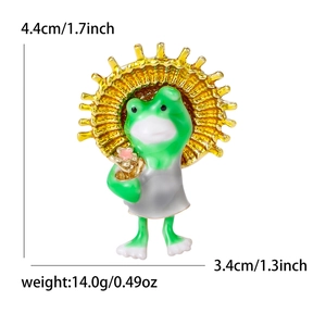 Broche grenouille en émail avec chapeau de soleil et fleur, détails de taille 4,4cm
