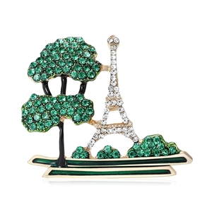 Vintage Alloy Eiffel Tower Pine Tree Brooch Pin With Green Rhinestone Enamel For Women Men Sweater Accessory Jewelry