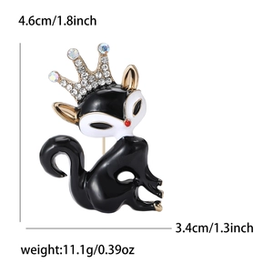 Détails de la broche renard émaillée avec mesures, couronne et strass brillants