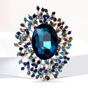 Luxurious vintage-style alloy brooch with deep blue oval crystal and colorful rhinestones
