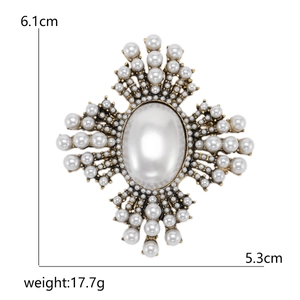 Vintage cross brooch with large faux pearl and antique gold finish for women